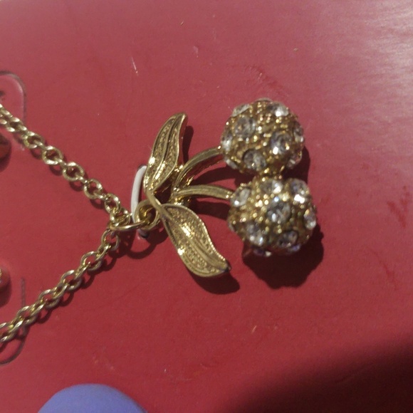 Gold-tone Cherry Pendant Necklace & Crystal Stud Earrings – Women's Jewelry - Picture 8 of 8